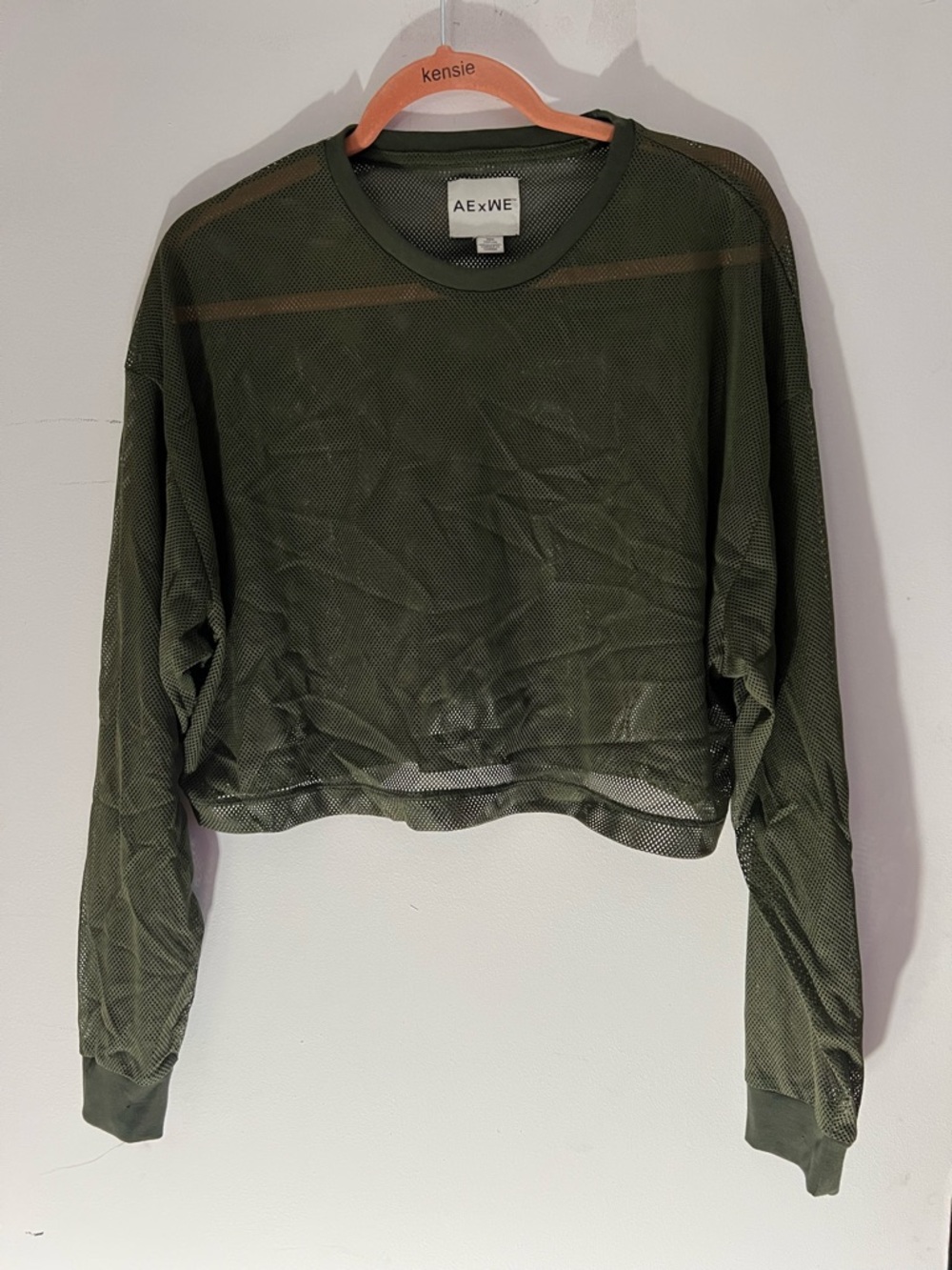 American Eagle Women’s Olive Green Mesh Long-Sleeve Crop Top